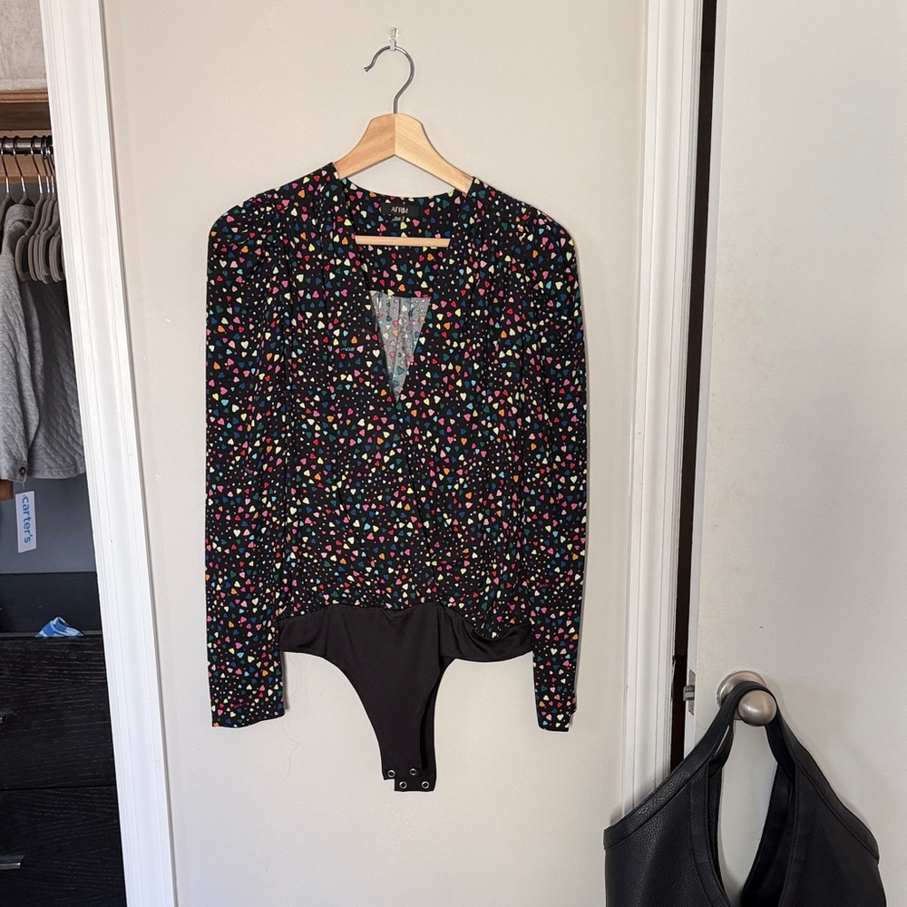 AFRM Black Multicolor Heart-Print Long-Sleeve Bodysuit